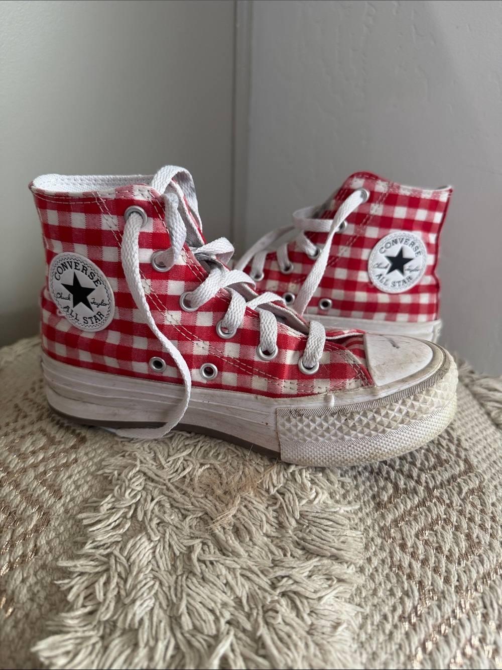 Kids Red Gingham High-Top Canvas Sneakers